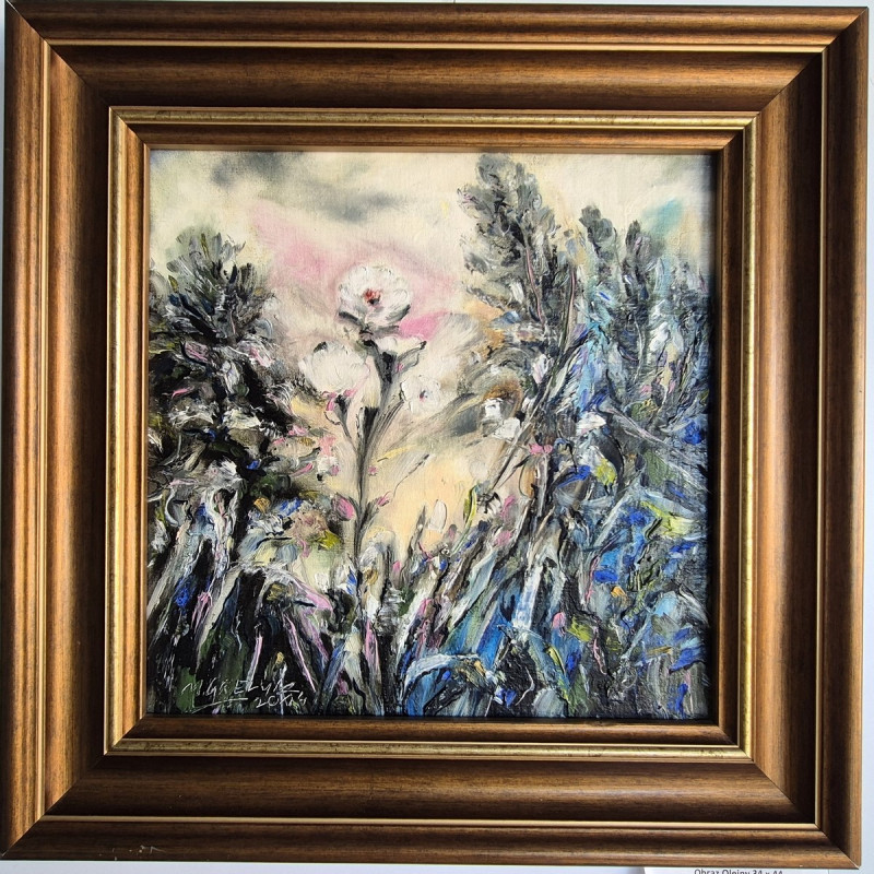 Obraz Olejny 34 x 44"Biały kwiat z chabrami"Autor: Mirosław Greluk 2014