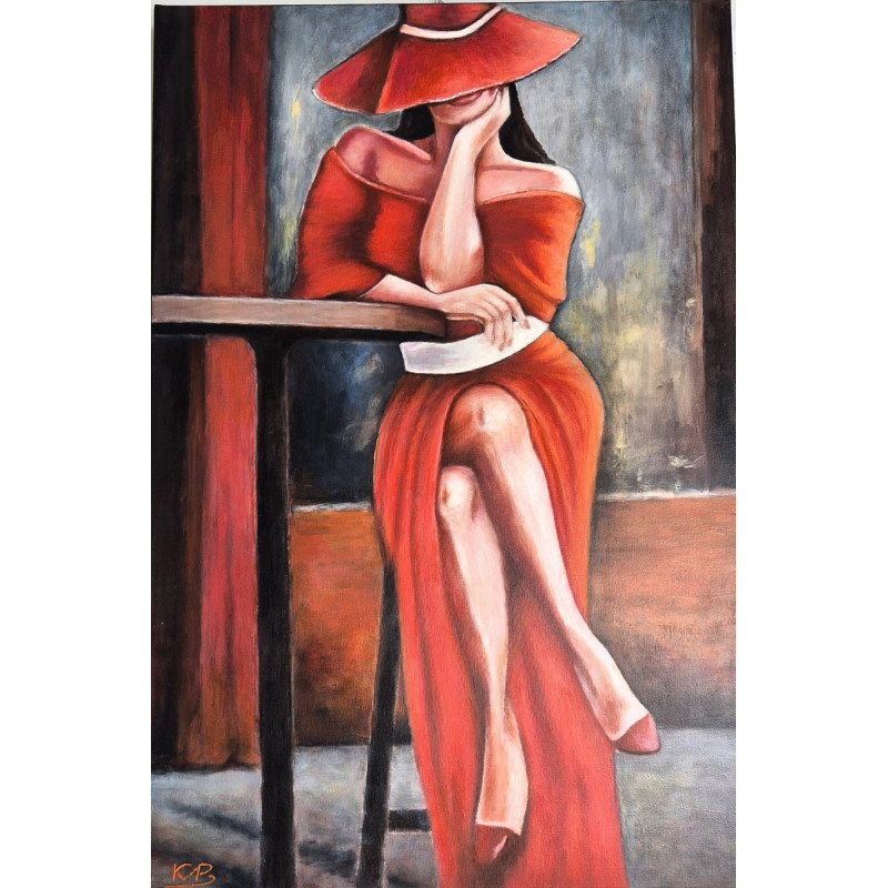 Akryl na płótnie 90x 60 "Kobieta w czerwieni" Autor: K. Piejka 2023 KOD: 465KP