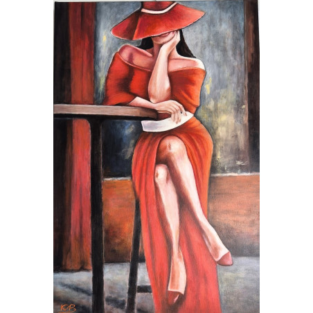 Akryl na płótnie 90x 60 "Kobieta w czerwieni" Autor: K. Piejka 2023 KOD: 465KP