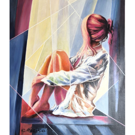 Akryl na płótnie 70x 50 "Dziewczyna w oknie" Autor: K. Piejka 2024 KOD: 467KP