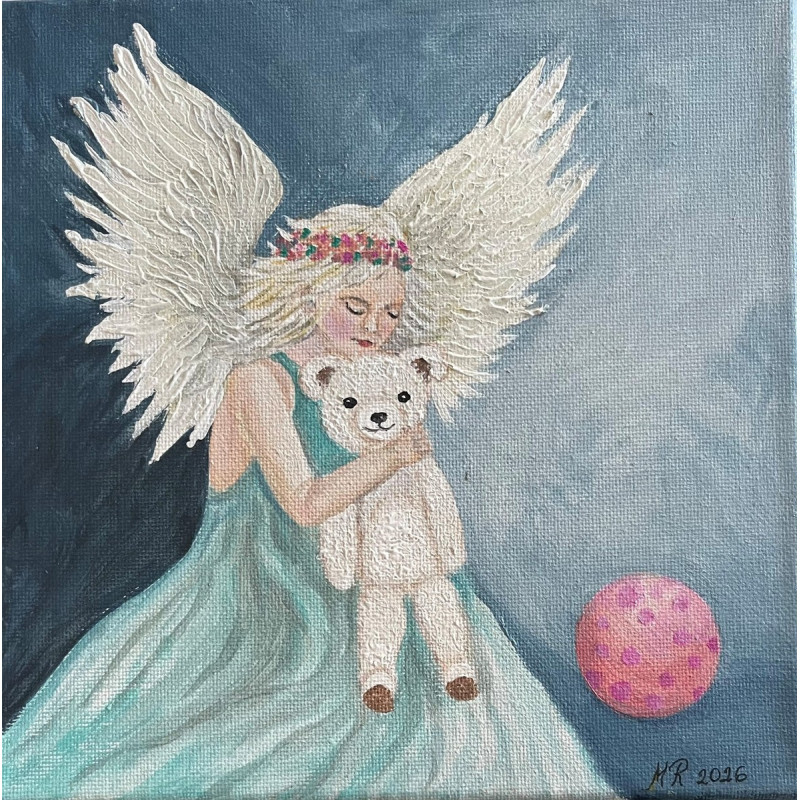 Akryl na płótnie 20 x 20 "Anioł z sercem z misiem" Autor: M. Ratyńska 2025